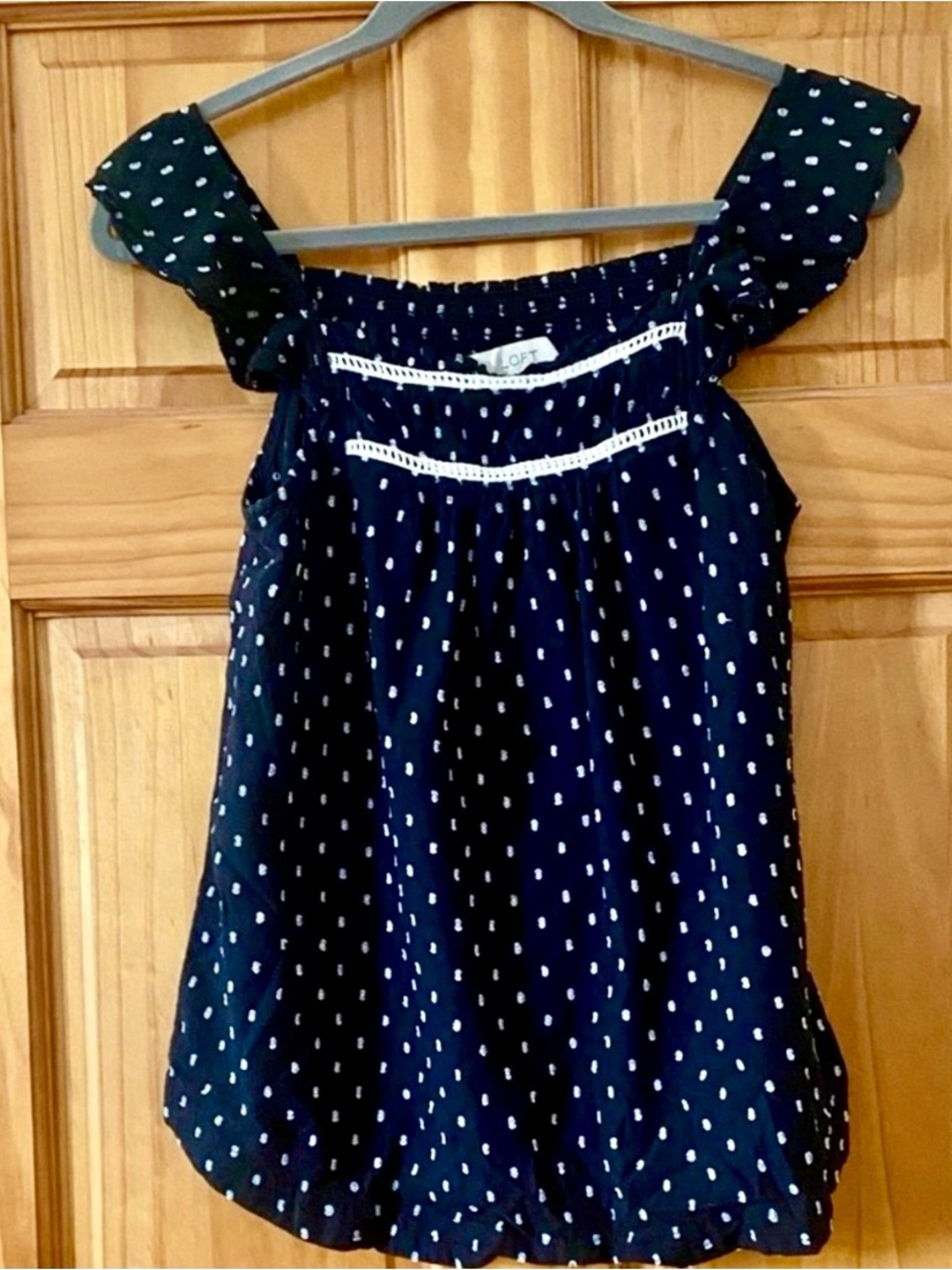 LOFT Black Swiss Dot Cotton Blouse Flutter Sleeve Smocked Peasant Top Small